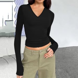 T-shirt femme col V manches longues slim basique