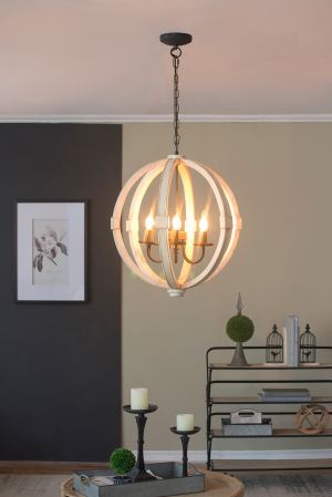 Lustre bois 6 lumières, chaîne ajustable, ampoule non incluse