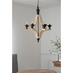 Lustre 6 lumières chaîne ajustable bois clair