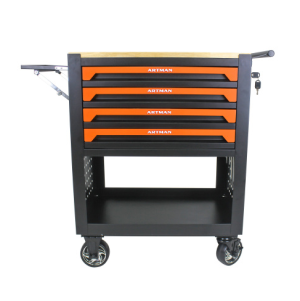 Chariot outils 4 tiroirs plateau bois roues orange