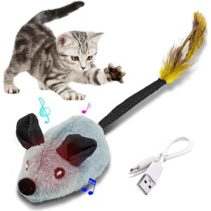 Jouet chat souris LED rechargeable, sons automatiques, queue plume, catnip