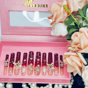 Ongles acrylique PMMA rouge flocons rhinestones cloche