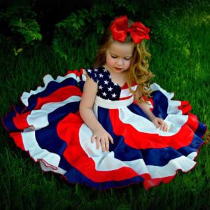 Toddler Girls' Independence Day Dress Red White & Blue Stripes And Stars Short Sleeve Twirl Dress 4th Of July