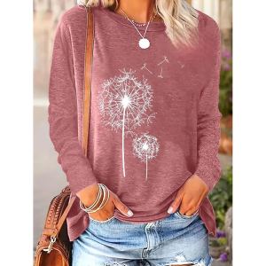 T-shirt floral col rond femmes manches longues