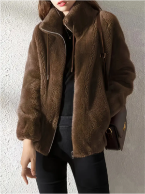 Manteau teddy femme ceinture zip manches longues chaud