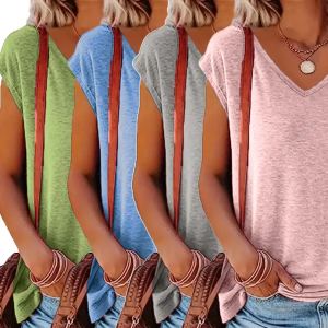 4 t-shirts femme col V manches courtes couleurs unies