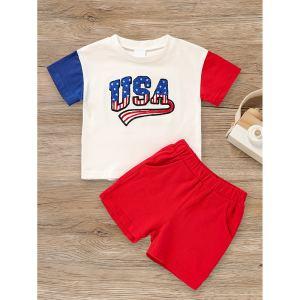 Ensemble 4 juillet bébé garçon, t-shirt blocs couleur USA