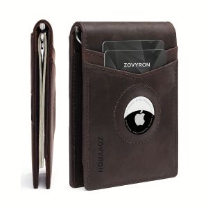 Mens Wallet Genuine Leather Slim Bifold Wallet With Airtag Holder, RFID Blocking, Front Pocket Wallet With Money Clip,ID Window Credit Card Holder