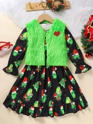 Robe de Noël pour fillette, manches longues, imprimé dessin animé