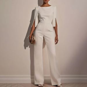 Combinaison femme col rond mi-manches fente
