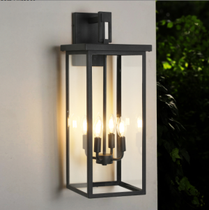26H 1ps Lanterne murale moderne noir cadre métal verre clair, 4 douilles E12