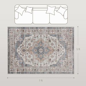 Tapis 5x7 vintage lavable brun bleu clair