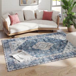 Tapis 5x7 lavable vintage antidérapant bleu