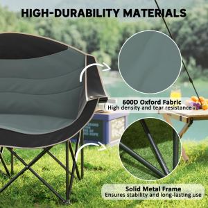 Chaise camping rembourrée adulte, accoudoirs, porte-gobelet, noire
