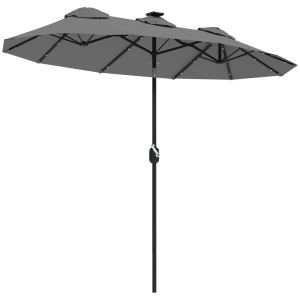 Parasol patio double face 9,7po, LED solaire, 12 côtes, gris