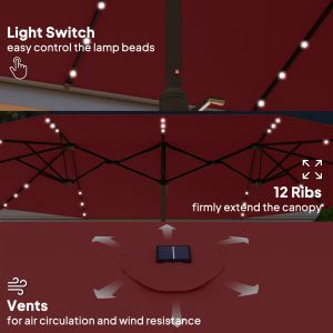 Parasol jardin 14.4pi double face LED solaire base rouge vin