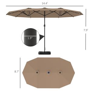 Garden Parasol 14.4 Ft. Double-Sided Sun Umbrella With Base, Patio Parasol With LED Solar Lights, Khaki