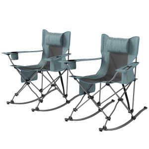 2 chaises camping pliantes gris, appuie-tête, refroidisseur
