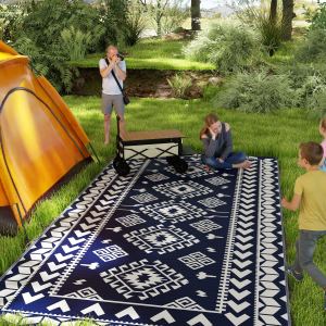Tapis extérieur réversible 9 x 18, losange bleu/blanc