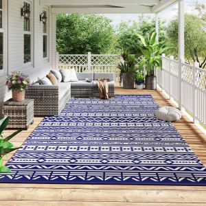 Tapis extérieur réversible 9x18 bleu blanc géométrique