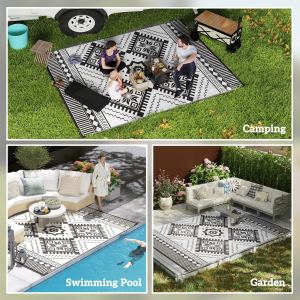 Tapis extérieur réversible 9x12po imperméable noir blanc losange