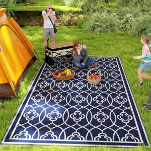 Tapis extérieur réversible 9x18 paille lanterne bleu blanc