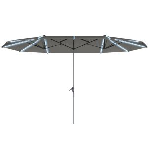 Parasol patio 15pi double face, lumières solaires, gris foncé