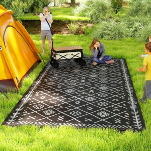Tapis extérieur réversible 9 X 18, losange noir gris