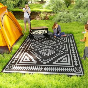 Tapis extérieur réversible étanche 9x18, patchwork noir-gris