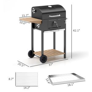 BBQ charbon portable, roues, tablette côté, noir