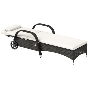 Chaise longue extérieure, dossier 5 niveaux, roues, coussins crème