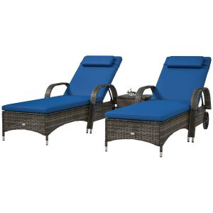 Chaise longue rotin patio 2x, table, coussin bleu