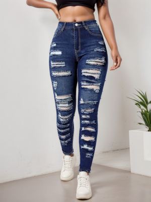 Jean capri slim femme déchiré taille haute stretch