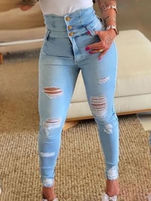 Jean déchiré taille haute femme denim clair