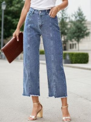 Jean grande taille femme taille haute jambe droite