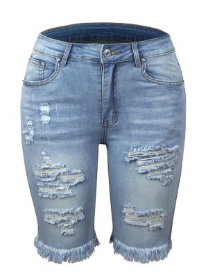 Short Denim Femme Trois-quarts Effiloché Déchiré