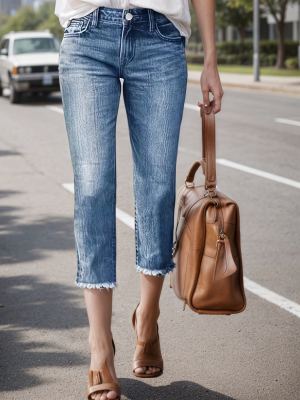 Jean capri femme fermeture éclair franges ourlet