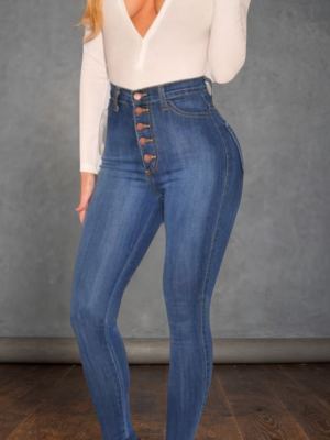 Jean femme taille haute boucle bleu moyen stretch