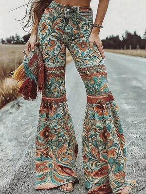 Boho Print Ruffle Hem Flare Pants