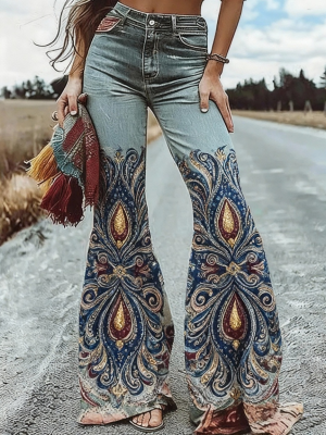 Flared Floral Print High-waisted Pocket Denim Trousers