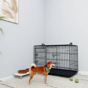 36 Inches Black Wire Dog Cage Double Lock Mechanism Two Doors Two Handles Double Bolt