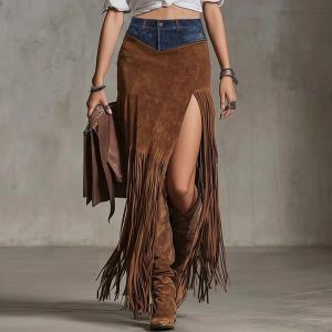 Jupe maxi bohème patchwok frange western fente haute vacation femme