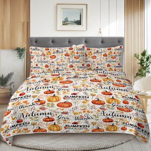 Ensemble courtepointe 3 pcs citrouille feuilles automne 2 taies