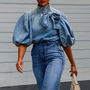 Chemisier femme denim manches bouffantes nœud col debout