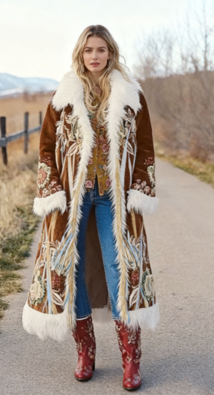 Manteau femme rétro imprimé chaud long