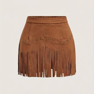 Minijupe western frange unie boutons décoratifs printemps