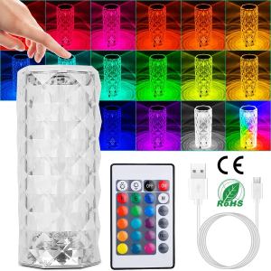 Lampe table rose diamant cristal, télécommande, contrôle tactile