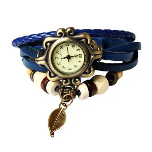 Montre Femme Cuir Feuille Arbre Bohème Rétro Bleu