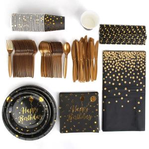 Ensemble fête 201 pcs or noir pour 25 pers, vaisselle jetable