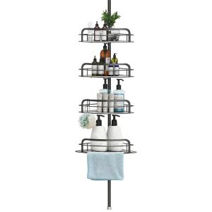 Caddy douche angle inoxydable, 4 tablettes ajustables, barre serviettes